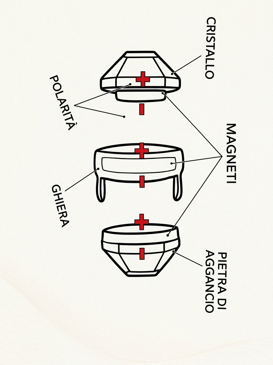 LOY – schema esploso del sistema magnetico brevettato: cristallo, ghiera e pietra di aggancio